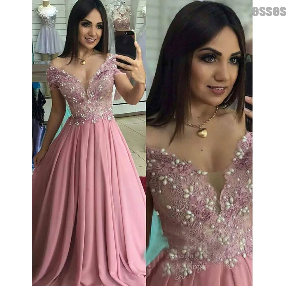 Glamorous Pink Chiffon Pearls Lace Appliqued Evening Dress V Neck Off Shoulder Back Lace Up Prom Gown A-line Vestido De novia