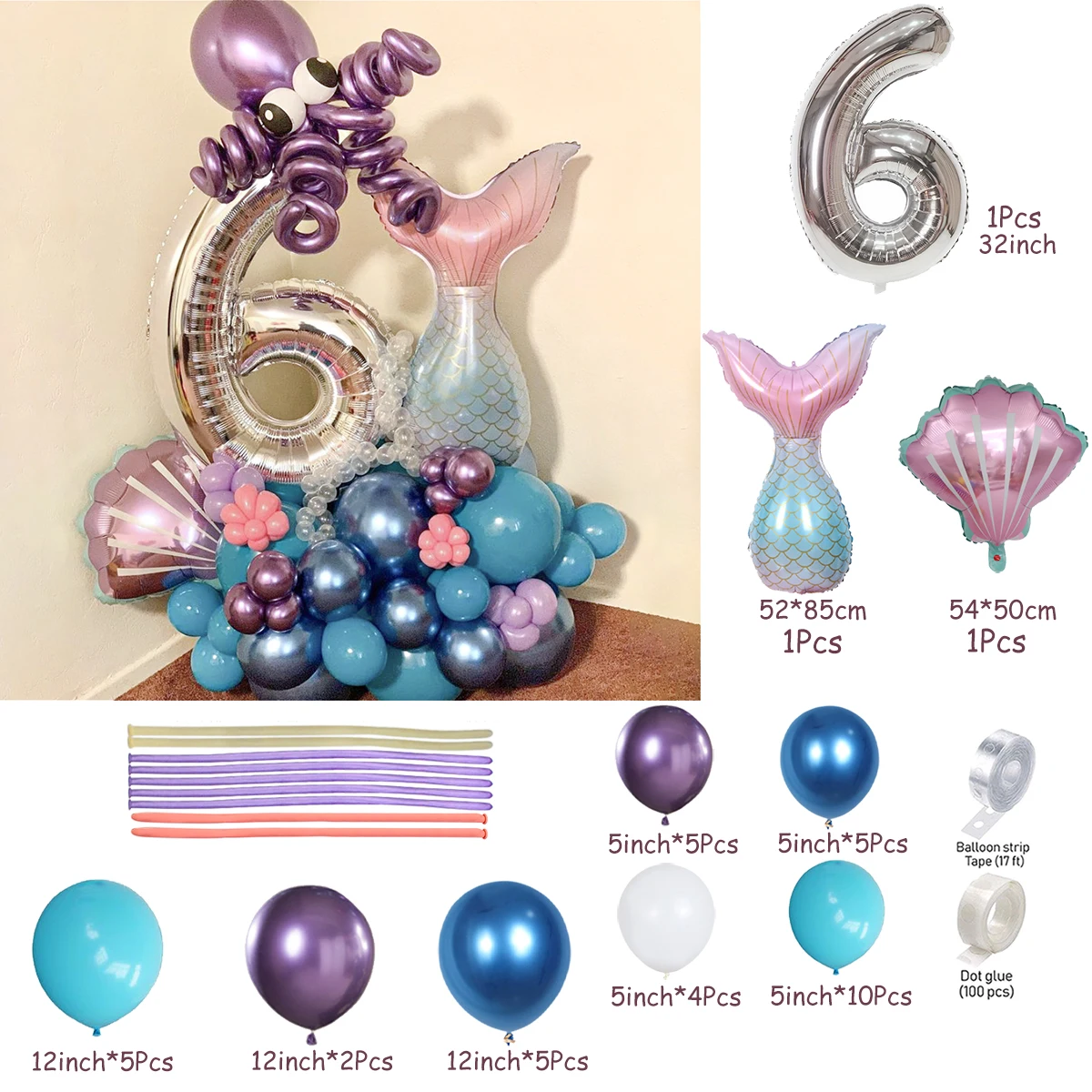 43pcs Mermaid Party Supplies Mermaid Balloon 32inch Number Balloon Set Metallic Globos Kids Birthday Party Baby Shower Decors