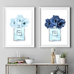 Fashion Coco Quotes Poster Print Blue Flower Perfume Wall Art Canvas Painting Modern Trendy Pictures for Living Room Home Decor