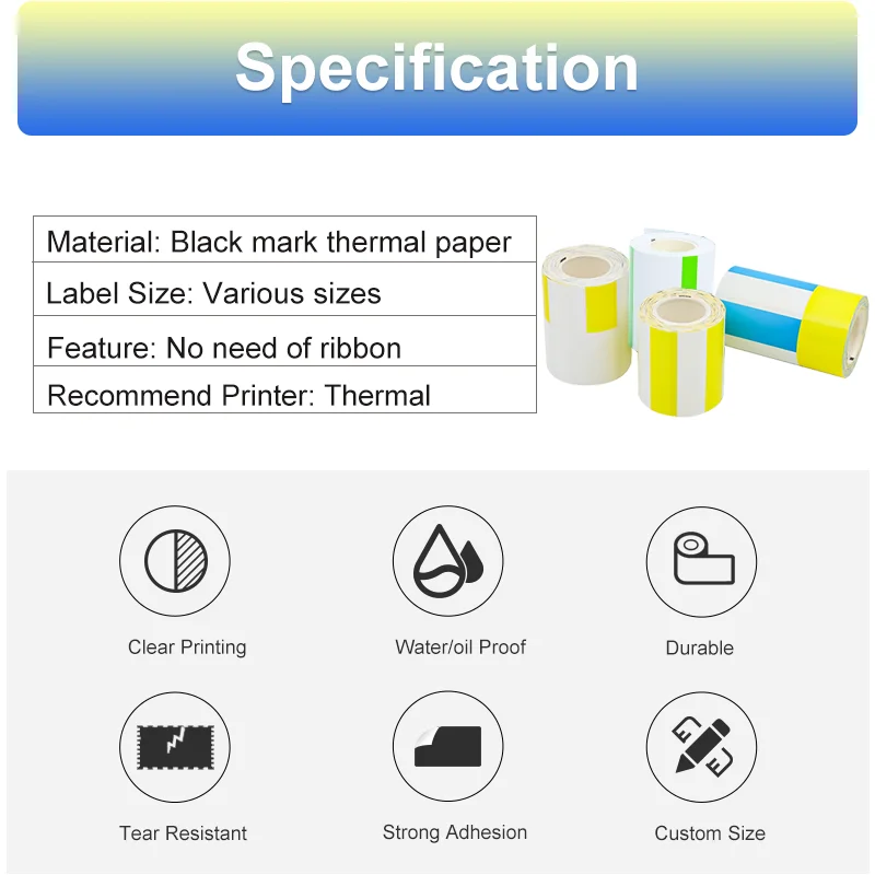 Detong 4 Rolls Thermal Black Mark Label Paper Sticker Bacord QR Code Price Tag Various sizes Support Custom Service