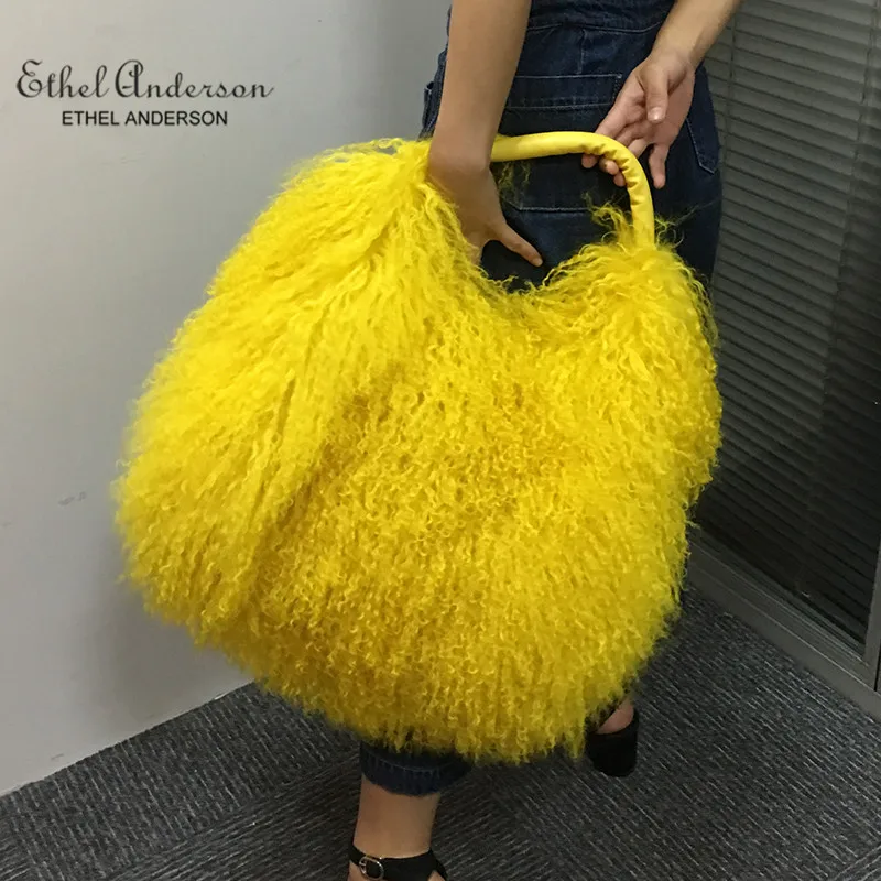 Ethel Anderson Women's Real Mongolia Fur Handbags Lamb Fur Totes Bag Man-made Shoulder Bag Lady Simple Style Hand Bags