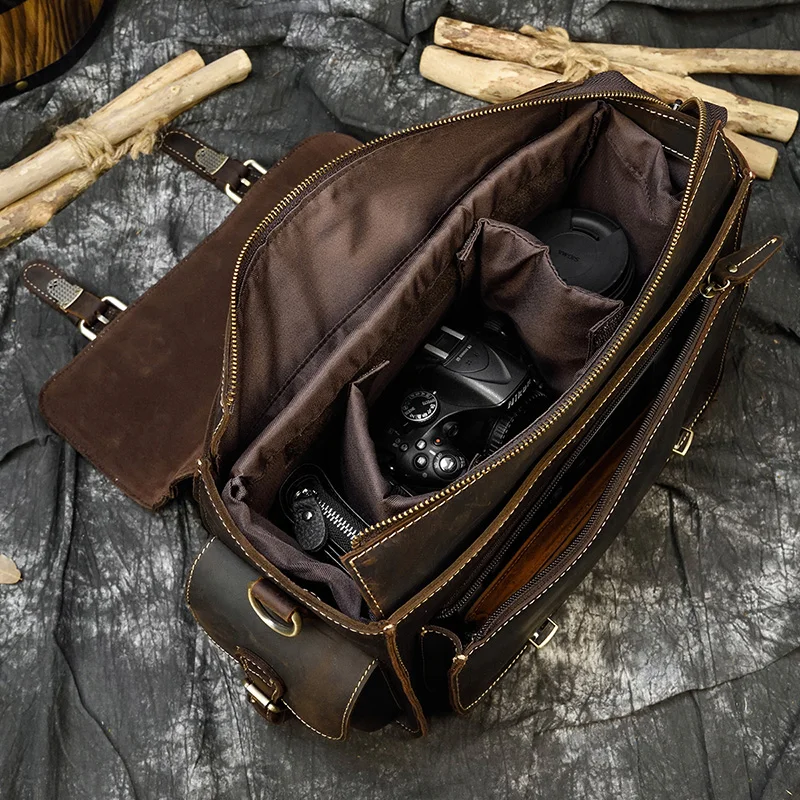 Luufan Crazy Horse Genuine Leather Men Camera Case Unisex Big Capacity Outdoor Camera Case For Nikon Canon Cowskin Travel Bag
