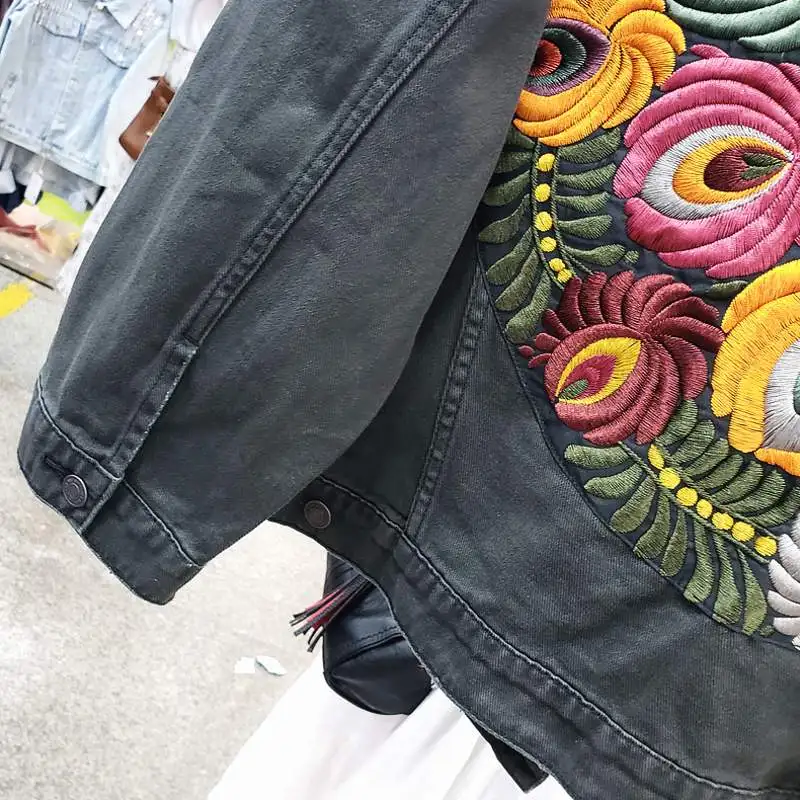 JSXDHK-chaqueta vaquera con bordado Floral para mujer, abrigo Vintage con cuello vuelto, ropa de calle informal holgada, prendas de vestir de