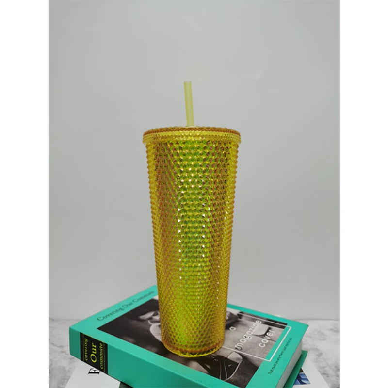 Double-Layer Durian Cup Diamond Radiant Goddess Straw Cup Coffee Cup Summer Cold Cup Tumbler 710ml/24oz NEW Durian Cup Mug 710ml