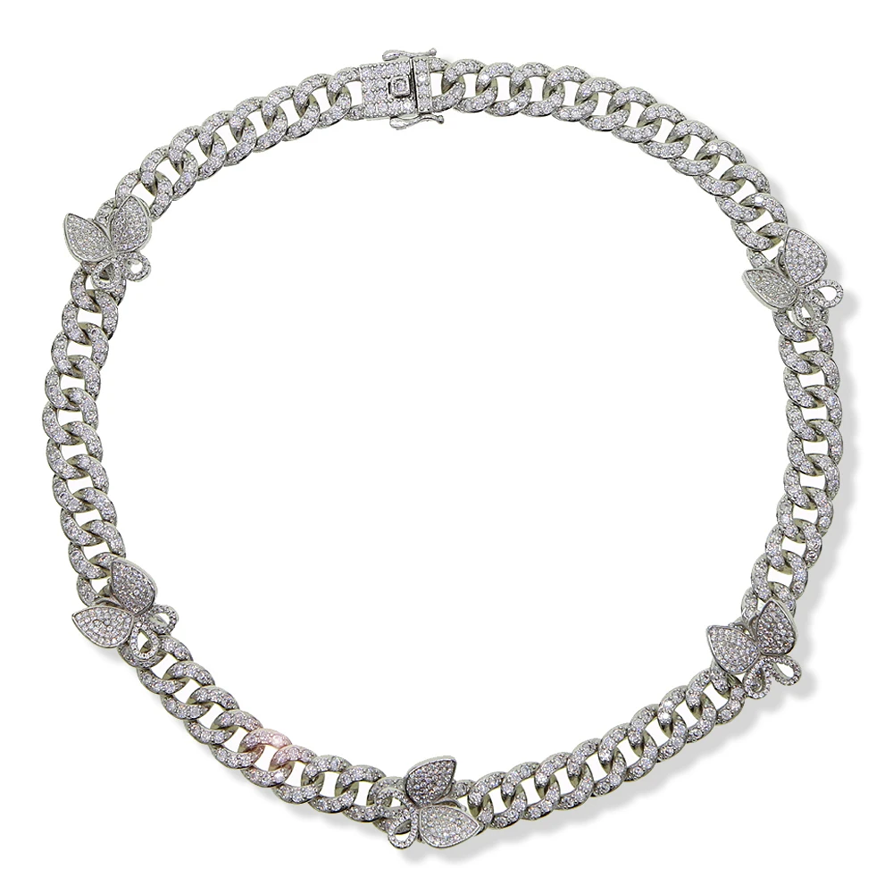 Iced Out Bling Butterfly Necklace Silver Color 10MM Miami Cuban Chain Charm Choker Women Luxury Hip Hop Jewelry