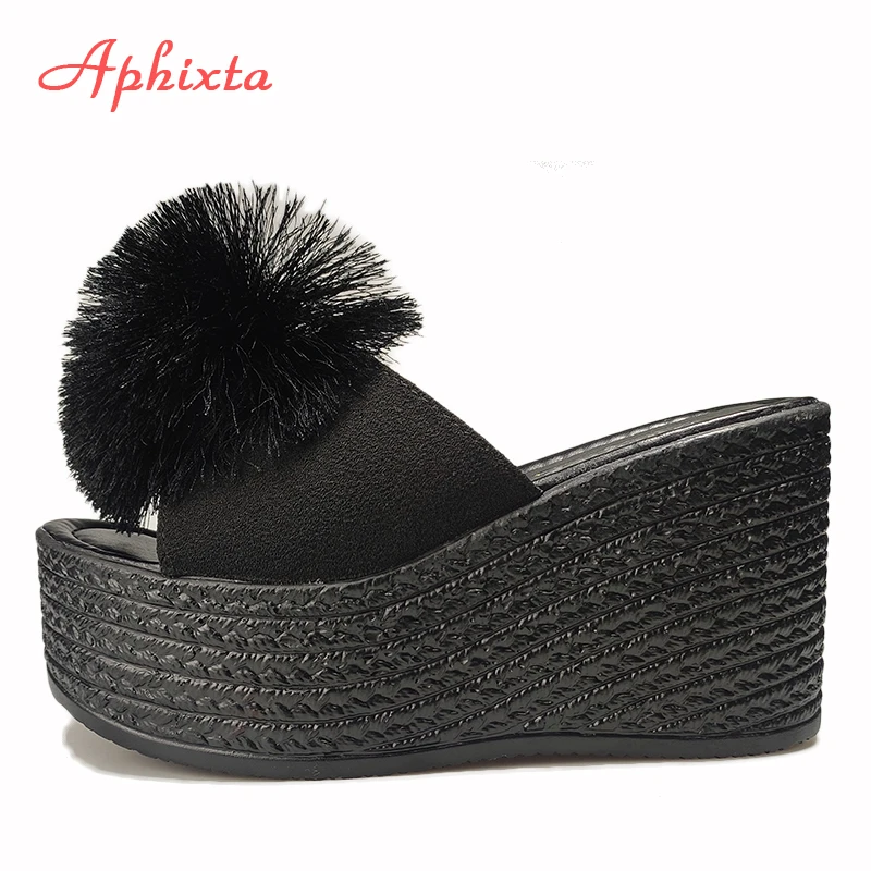 Aphixta  Hairball 3.54 inch/9cm Wedge Heels Mule Black Slides Beach Platform Women Slippers Female Sandals Clog Shoes Women
