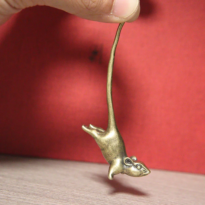Vintage Brass Long Tail Zodiac Mouse Statue Desktop Ornaments Cute Rat Miniatures Figurines Paperweight Decoration Mice Tea Pets