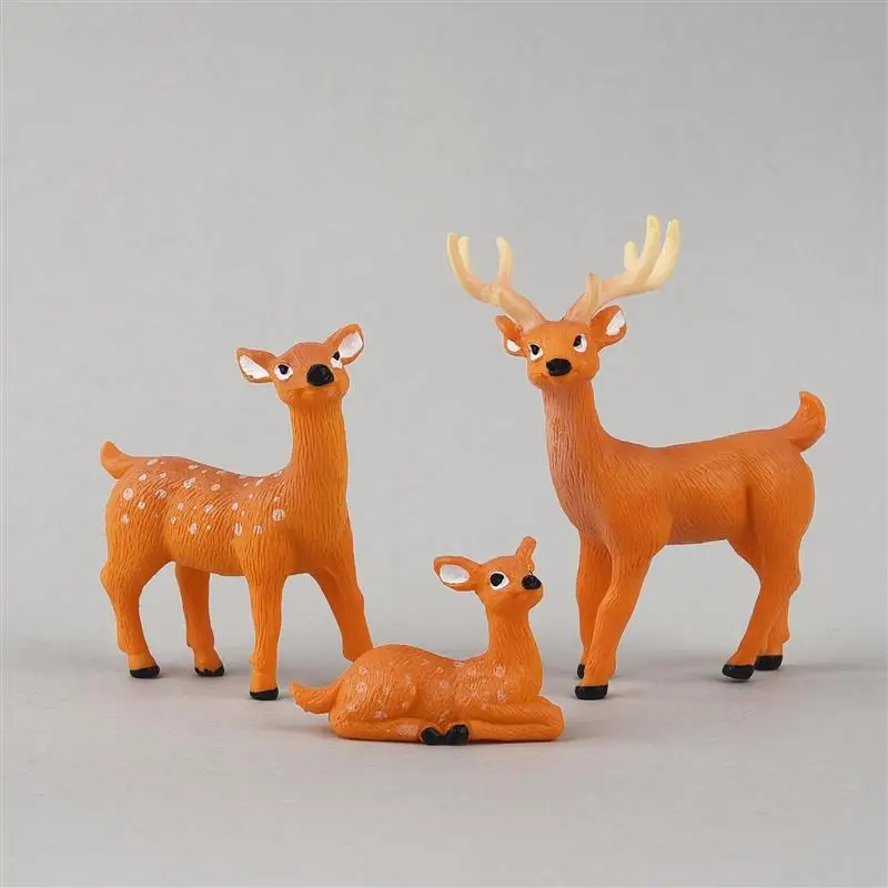 3pcs/Set Sika Deer Cartoon Animal Figurine Dollhouse  Home Decor Miniature Fairy Garden Decoration Resin Christmas Gift