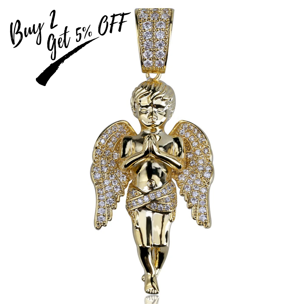 TOPGRILLZ HipHop Men Women Necklace Gold Color Plated Iced Out Micro Pave CZ Stone Angel Pendant Necklaces Love'sblessing Gifts