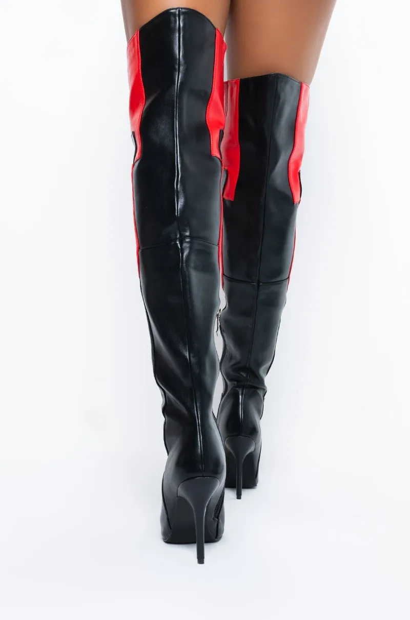 الأحمر والأسود المرقعة الفخذ أحذية عالية كعوب عالية على الموضة النساء أحذية مثير أشار تو كتلة اللون فوق الركبة الأحذية 44