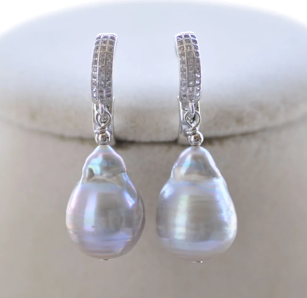 P7689 19mm Gray Baroque Keshi Pearl Dangle Earring CZ