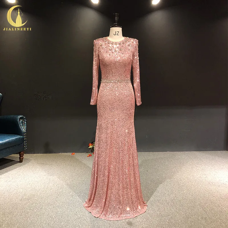 2387 Rhine Pink Long Sleeves Sequins Cryrstal Mermaid obe de soirée femme vestidos de noche evening dresses long вечернее платье