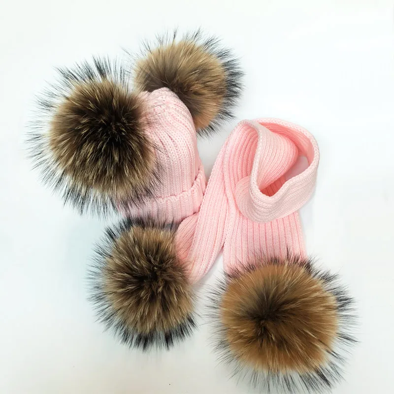 2020 Parent-Child Caps Cute Baby Pompom Winter Hat Scarf Sets Real Natural Fur Ball Caps Mother Kids Warm Knitted Hats Beanies