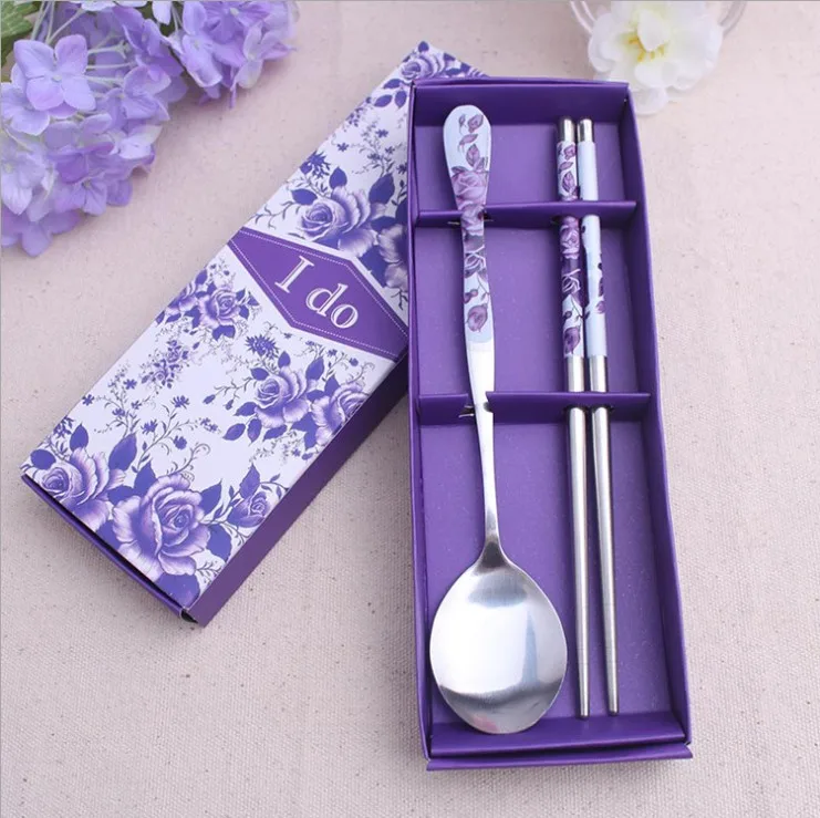 Stainless Steel Chopsticks&Spoon Set in Purple Gift Box Kitchen Party Supplies Dinnerware Sets