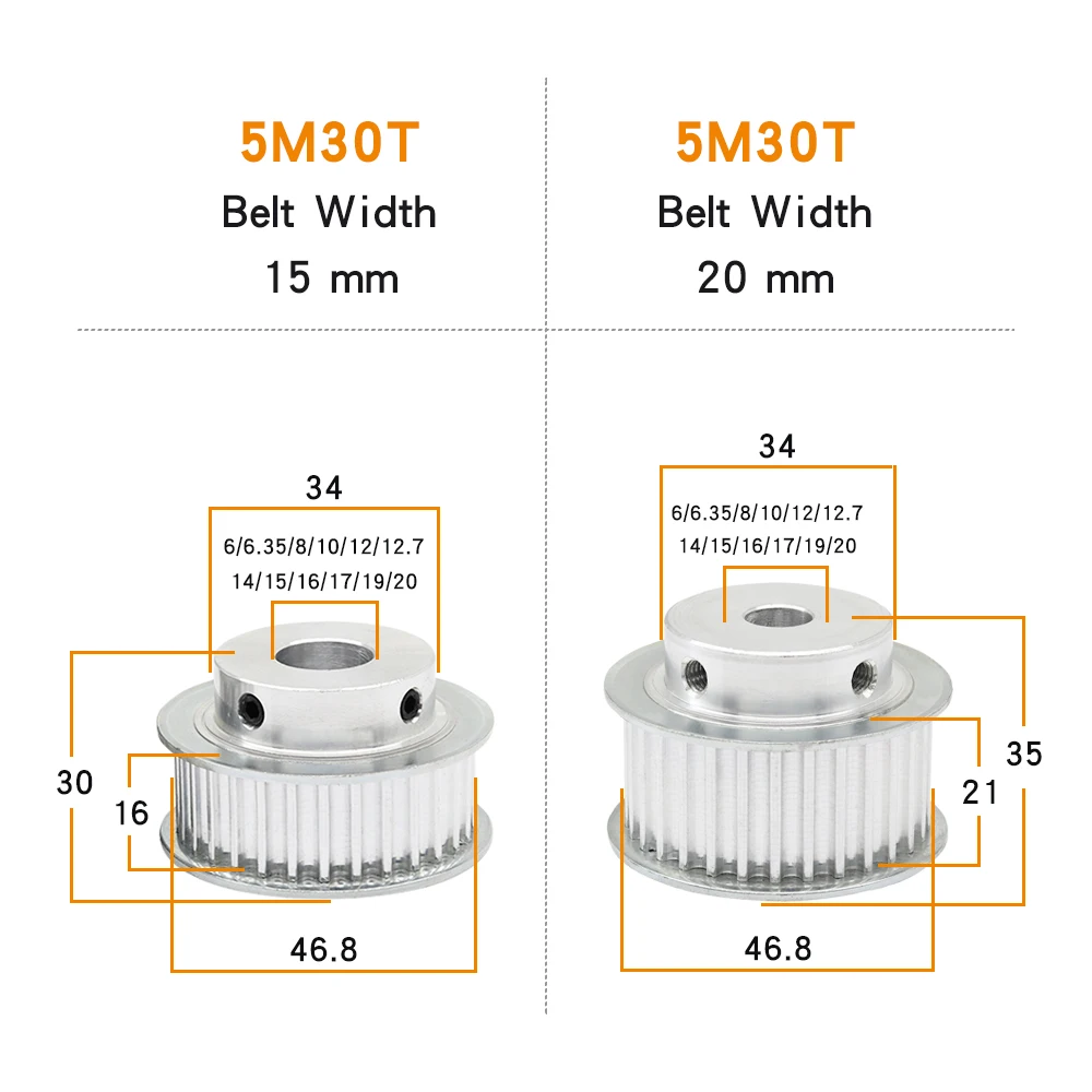 5M30T Timing Pulley Bore 6/6.35/8/10/12/12.7/14/15/16/17/19/20 mm Aluminium  Pulley Wheel For Width 15/20 mm Timing Belt