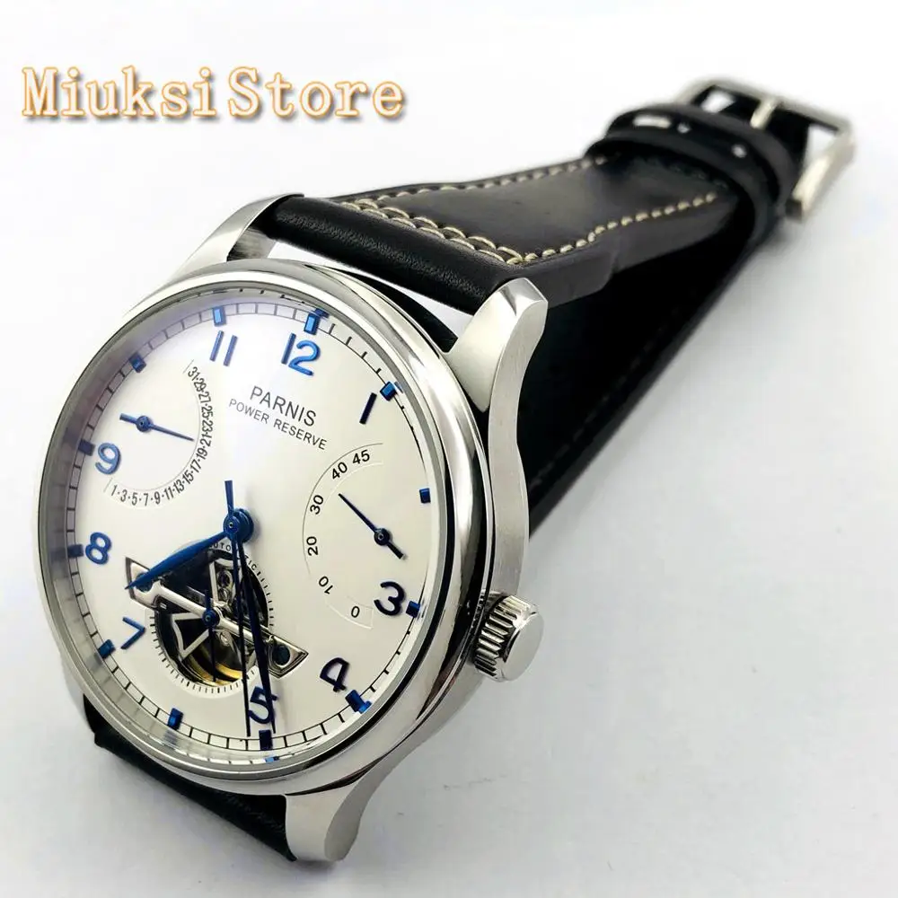 Parnis 43mm silver case date sea gull power reserve movement leather strap men\'s top casual automatic mechanical watch