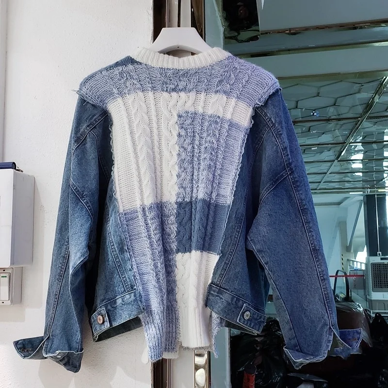 Street Autumn Women Sweater Patchwork Denim Long Sleeve Knitting Pullover Tops O Neck Loose Fit Asymmetrical Casual Sweaters