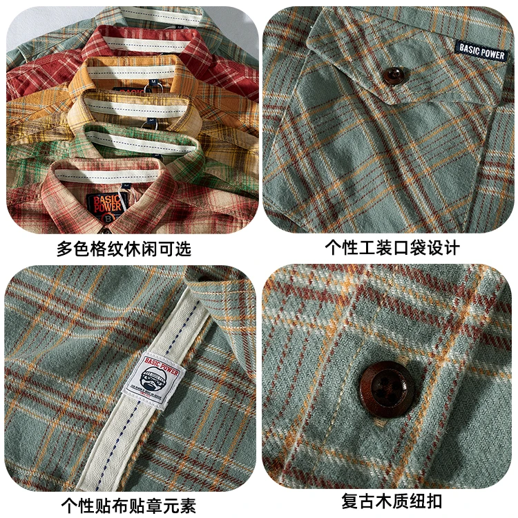 Autumn Korean Simple Youth Long-Sleeve Flannel Plaid Tooling Blouses Pure Cotton Washed Old Men\'s Fashion Multi-pocket Shirt