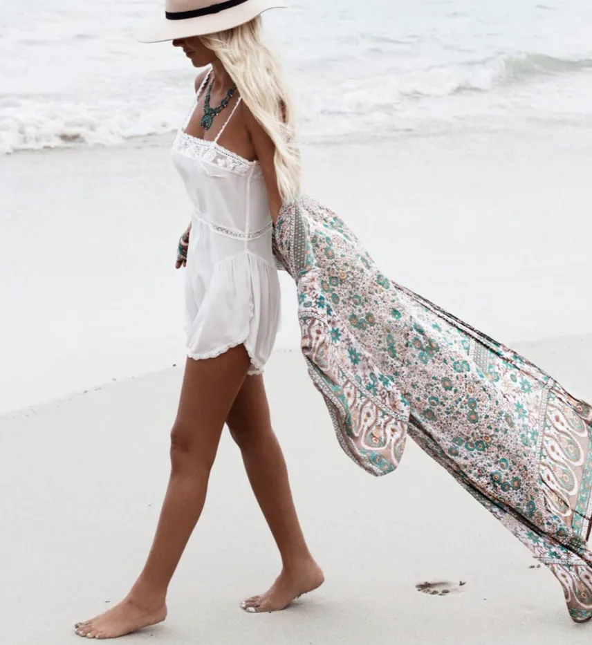 TEELYNN szyfon w kwiaty drukuj szlafrok Kimono z długim rękawem plaża boho Cover up kobiety bluzka w stylu Vintage lato sweter topy Blusas koszule