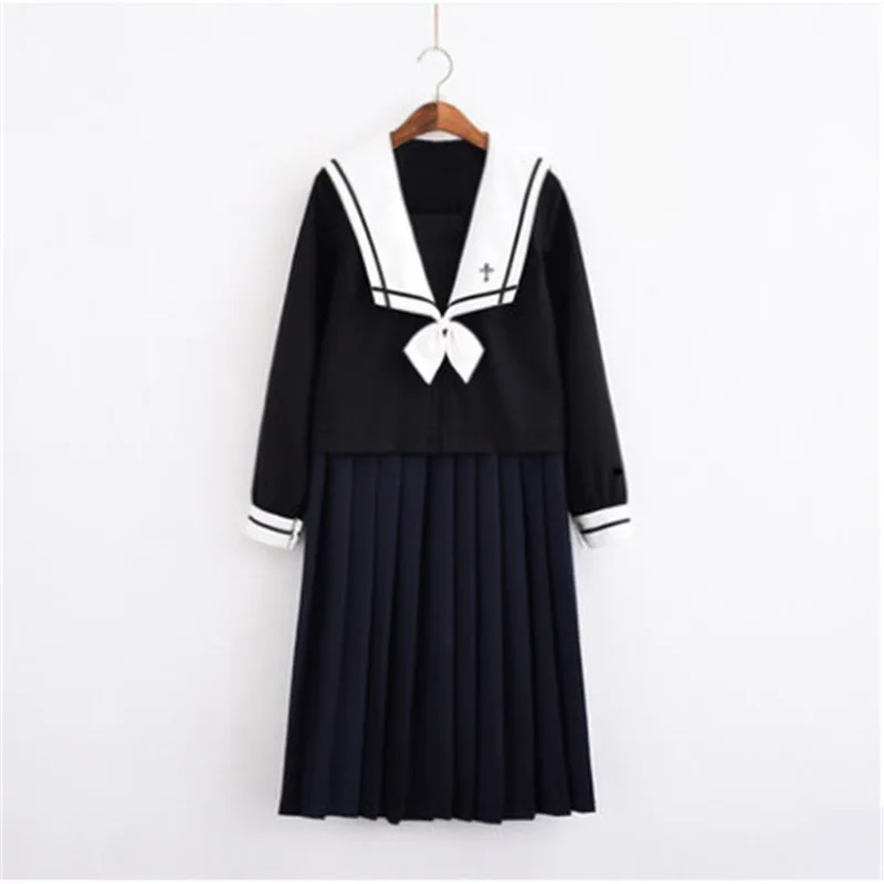 Japanese School Uniform Sailor Shirt Skirt Set Bad Girl Doll Black Solid Color Long Pleated JK Suit High School Student Outfit