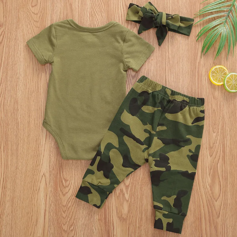 Baby Summer Clothing Baby Girls Boys Clothes Set Camouflage Short Sleeve Letter Printed Bodysuit Tops + Pants + Hat/Headband