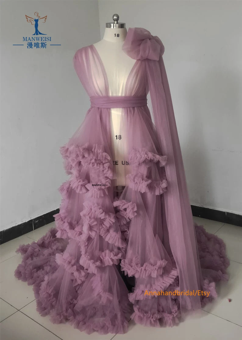 Purple Photography Dress See Thru Prom Dresses Sexy Puff Full Sleeves Party Gowns Ruffles Tiered Pregnant Woman Photo Robe 2022