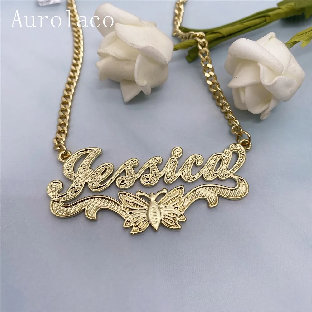 AurolaCo Custom Name Necklace Custom Gold and Silver Color Stainless Steel Thin Chain Nameplate Necklace for Women Gifts