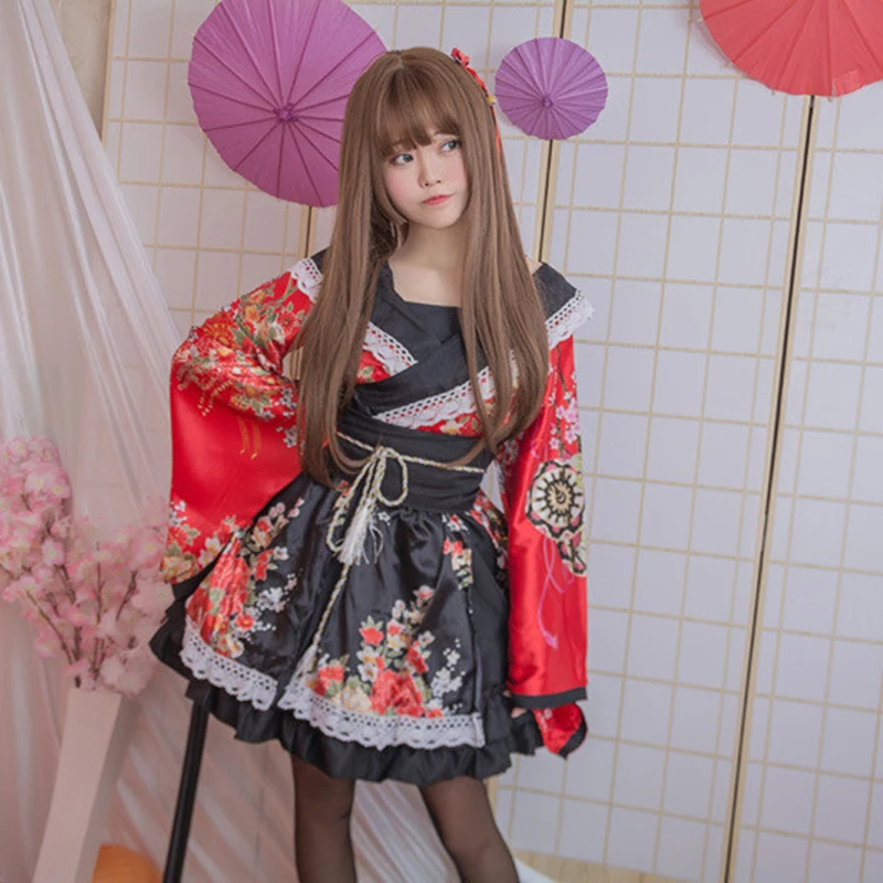 Women Japanese Kimono Sakura Printed Anime Costume Haori Party StageTraditional Japanese Kimono Halloween Fancy Dresses