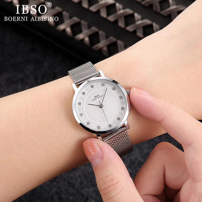 IBSO Women\'s Watches Set 8mm Ultra thin Silver Mesh Stainless Steel Strap Quartz Clock Hours Sets Ladies Birthday Gift