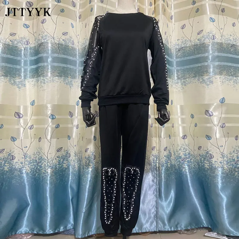 Large Size Spring Black Two Piece Set Women Long Sleeve Hollow Beaded 2 Piece Set Women Round Neck Elastic Waist Suit Female 122