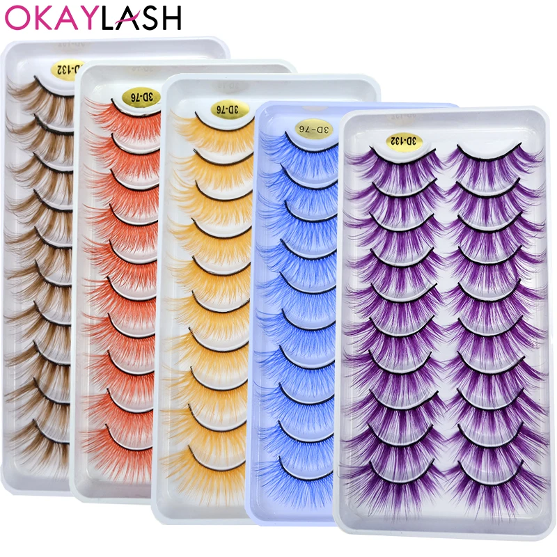 OKAYLASH 10Pairs Red Blue Brown White 3D Colored False Eyelashes Vegan Silk Makeup Rainbow Cilias Colorful Fake Lashes Bulk