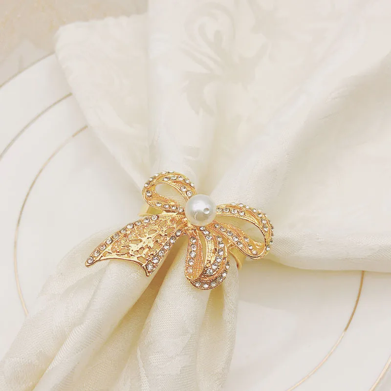 

SHSEJA-Bowknot Pearl Napkin Ring, Metal Napkin Ring, Tabletop Decoration, Towel Buckle, 10Pcs per Lot