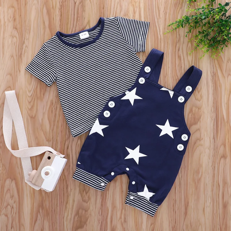 Newborn Baby Boy Clothes 2021 Fashion Summer Fall Short Sleeve Striped Tops+Suspender Pants 2PCS Infant Baby Clothing Sets