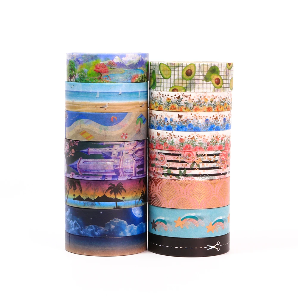 1 unidad Juego de cintas Washi decorativas con flores doradas, cinta adhesiva de viaje para playa, planificador de álbumes de recortes, suministro escolar y de oficina