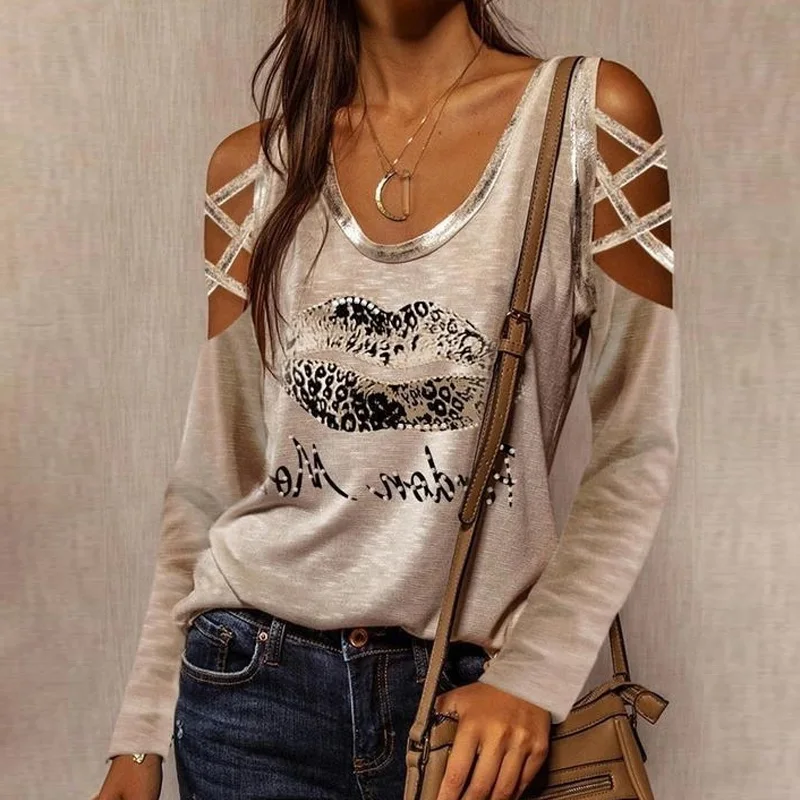 Sexy oco para fora os lábios imprimir senhoras topos das mulheres primavera verão v pescoço fino ajuste blusa camisa casual básico pullovers streetwear