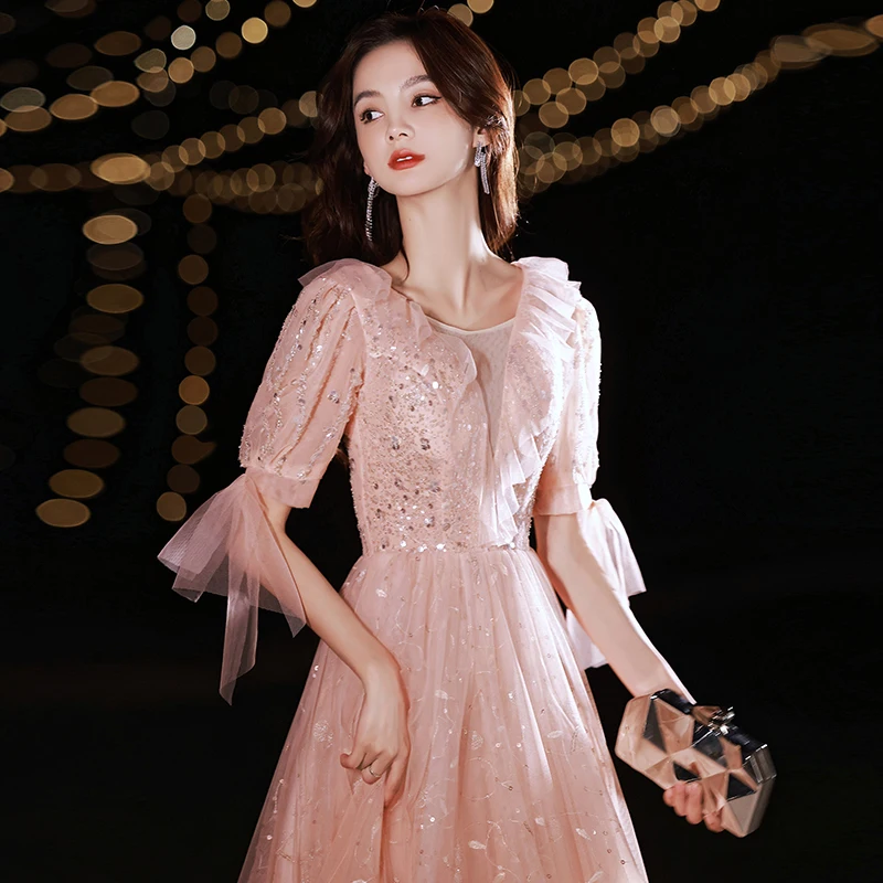 

Pink Sequined Formal Evening Dresses Romantic O-Neck Half Sleeves Slim Prom Party Gown Women Fashionable Celebrity Dress