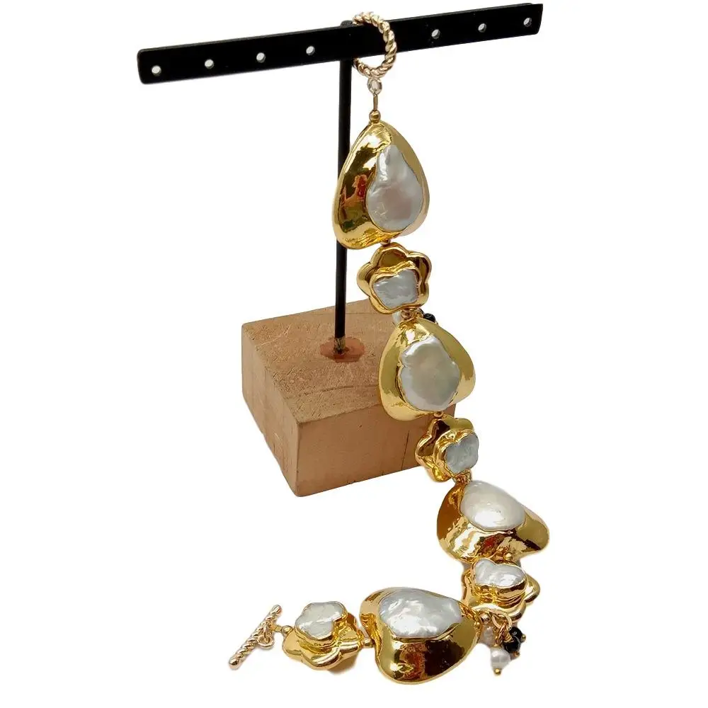 YYGEM natural Heart and Flower Shape  White Keshi Pearl  With Gold Electroplated Wrap Bracelet 9