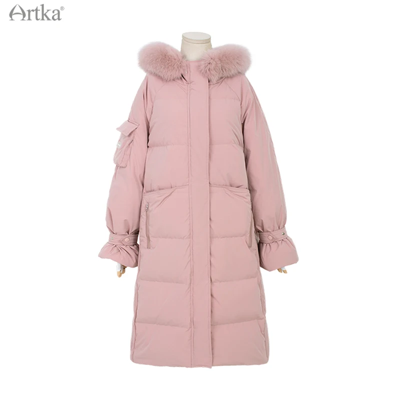 ARTKA 2020 Winter New Women Down Jacket Fashion Casual 4 Colors 90% White Duck Down Coat Big Fox Fur Collar Long Parka ZK22008D