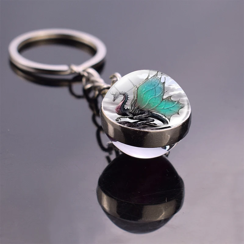 Blue Dragon Glass Ball Keychain Wings Dragon Pendant Steampunk Jewelry Evil Dragon Keyring for Men Women Christmas Gift