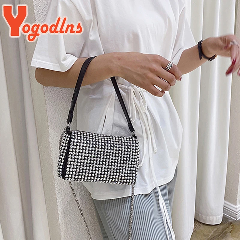 Yogodlns Fashion Bright Diamond Shoulder Bag Women PU Leather Pillow Bag Fashion Chains Messenger Handbag Elegant Crossbody Bag