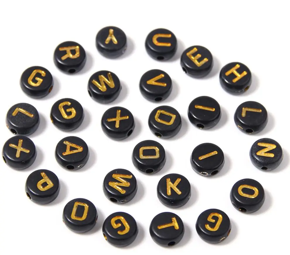 500pcs/lot Dia.7mm Black Gold Spacer Charm Beads Acrylic Letter Beads 26 Alphabet 1.4mm hole For Diy Bracelet Necklace Making