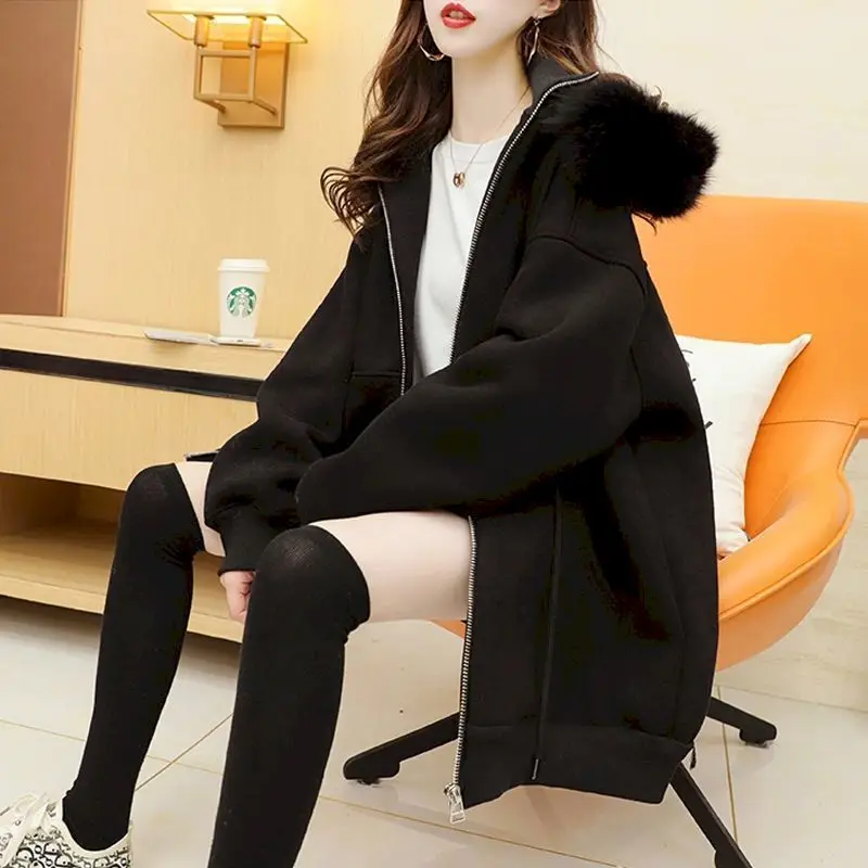 Mid-length Plus Velvet Hooded Jackets Women Loose Korean Fashion All-match Solid Color Fur Collar Cardigan Hoodies Fall Winter