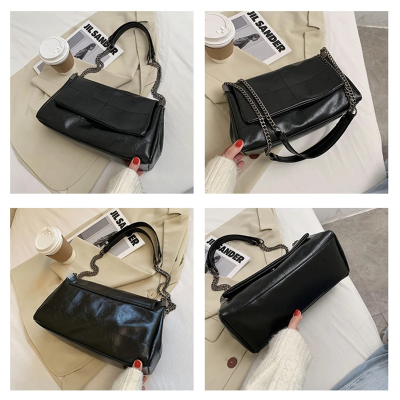 Sewing Thread Vintage Fashion Women Shoulder Bags Metal Chain Strap Crossbody Bag Soft PU Leather Lady Shopper Travelling Bolso