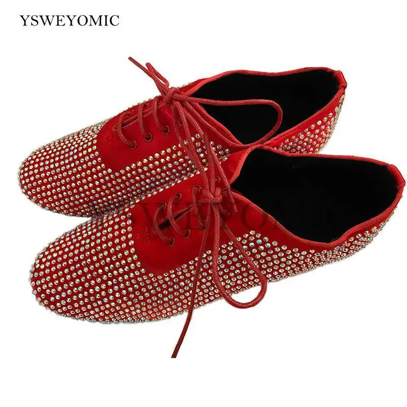 Latin Dance Shoes Men Red Satin Rhinestone Ballroom Latin Salsa Bachata Dancing Shoes Men Soft Flexible Split Sole in 1.5inch