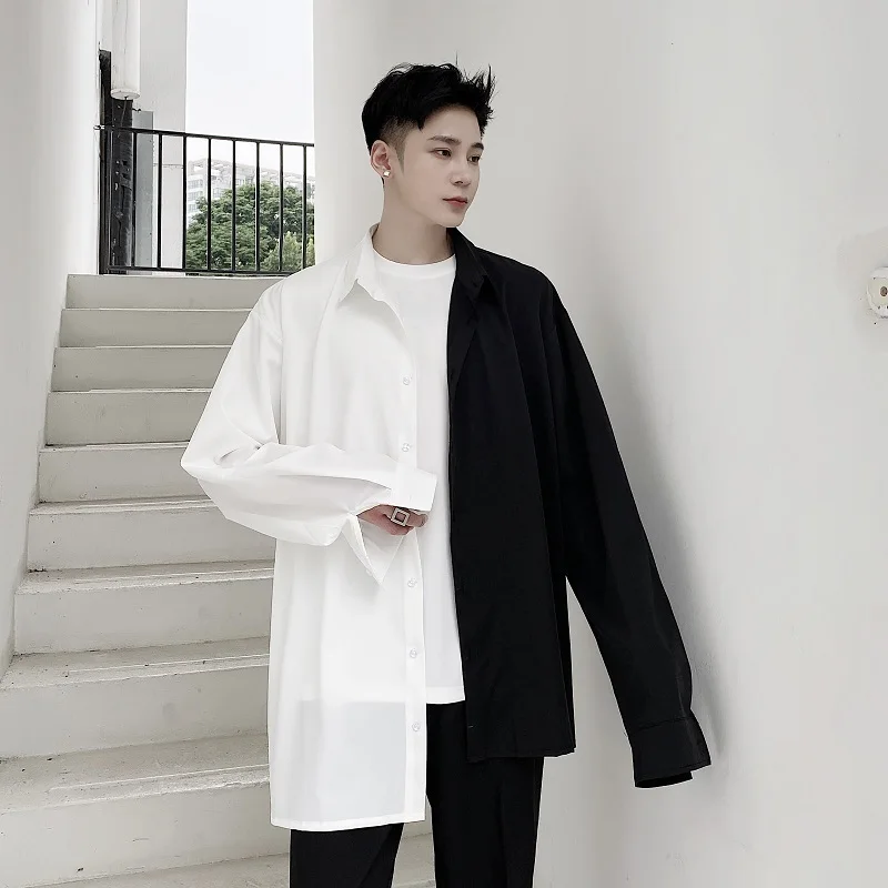 Fall men's shirt personality alternative black and white contrast men's loose long sleeve shirt hair stylist shirt trend