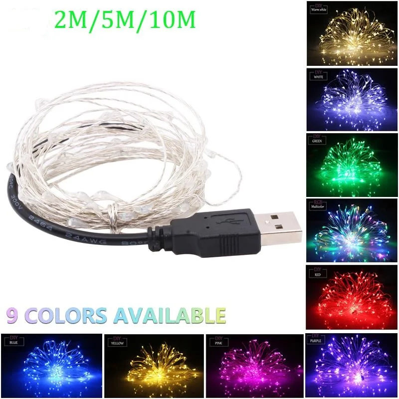 USB Đèn LED 2M 5M 10M Dây Chuyền Cổ Dây Cửa Sổ Vòng Hoa Bạc Chiếu Sáng Ngày Lễ Tiệc Cưới trang Trí Nhà Cửa