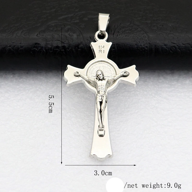 New Arrival Catholic Christ Jesus Saint Benedict Icon Steel Color Cross Religious Necklace Pendant Car Keychain Pendant