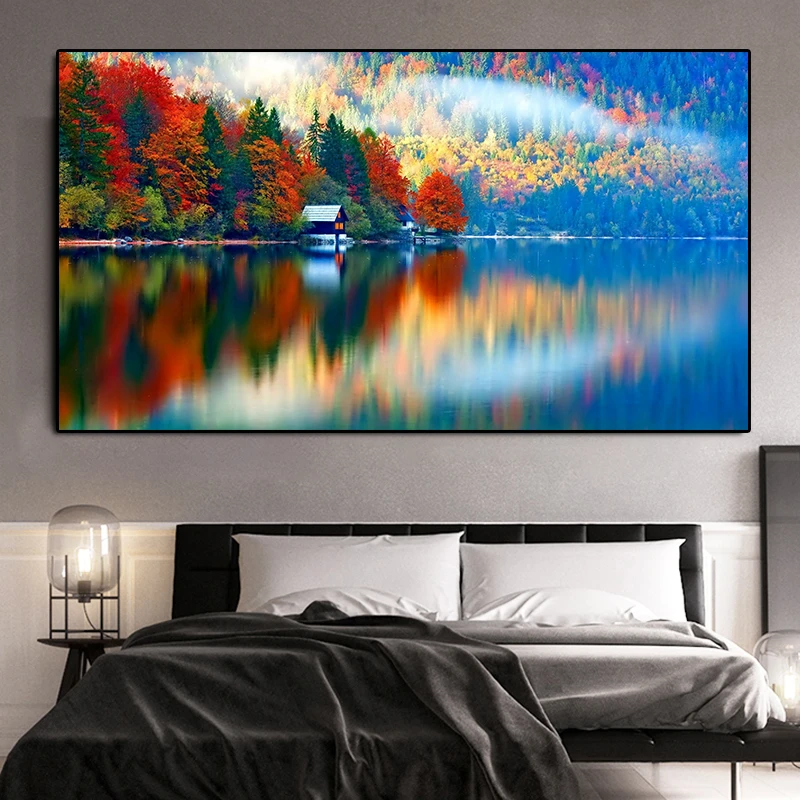 Forest Fall Leaves Landscape Canvas Painting Wall Art Natural Lake Scenery Posters and Prints Pictures for Living Room Decor