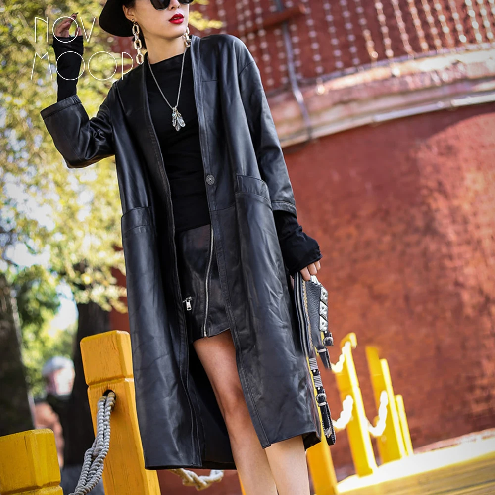 Novmoop-Trench Coat de couro genuíno feminino, pele de carneiro, trench coat, estilo francês, LT3264, 2020, 1 peça