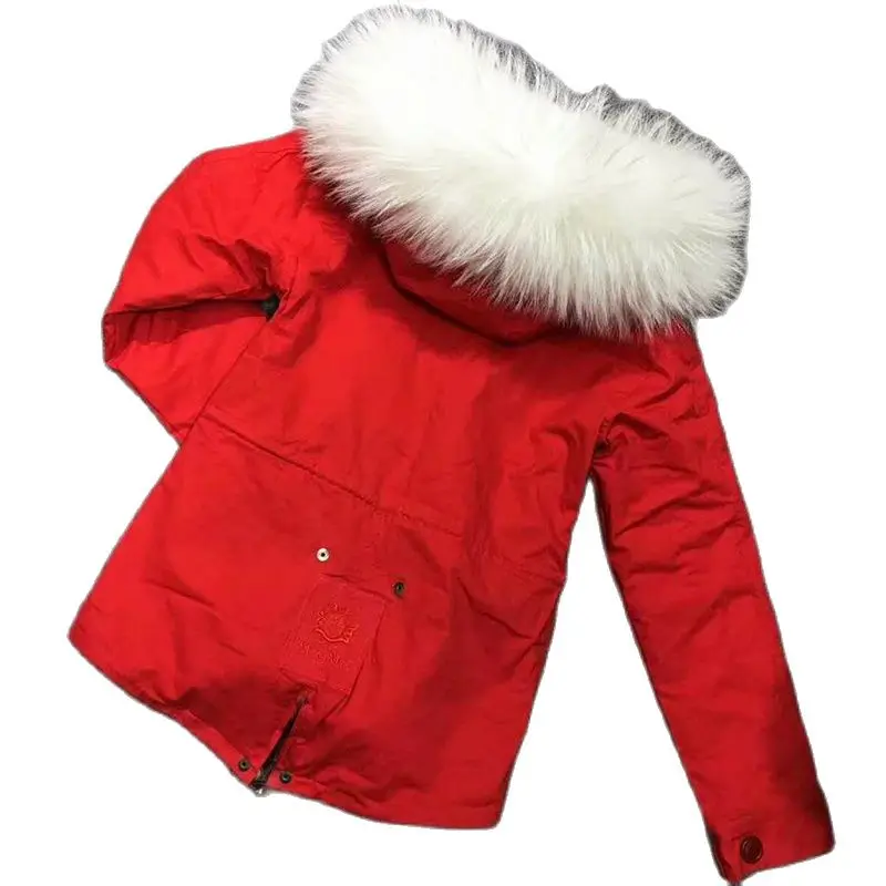 Fashionable Fox Fur Parka Pink Lined Out Coat For Women With Pretty Colorful Raccoon Fur Collar